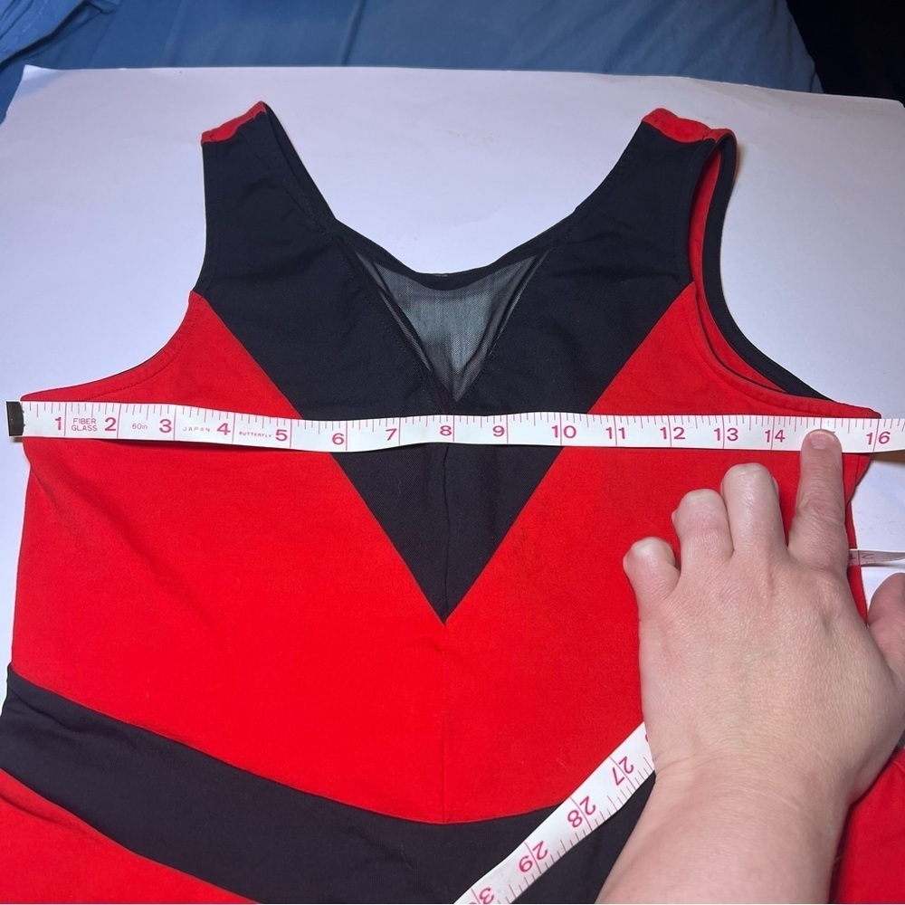 Bebe Red Black Peplum Top Mesh Front Women’s Size Large Business Casual - Picture 3 of 8